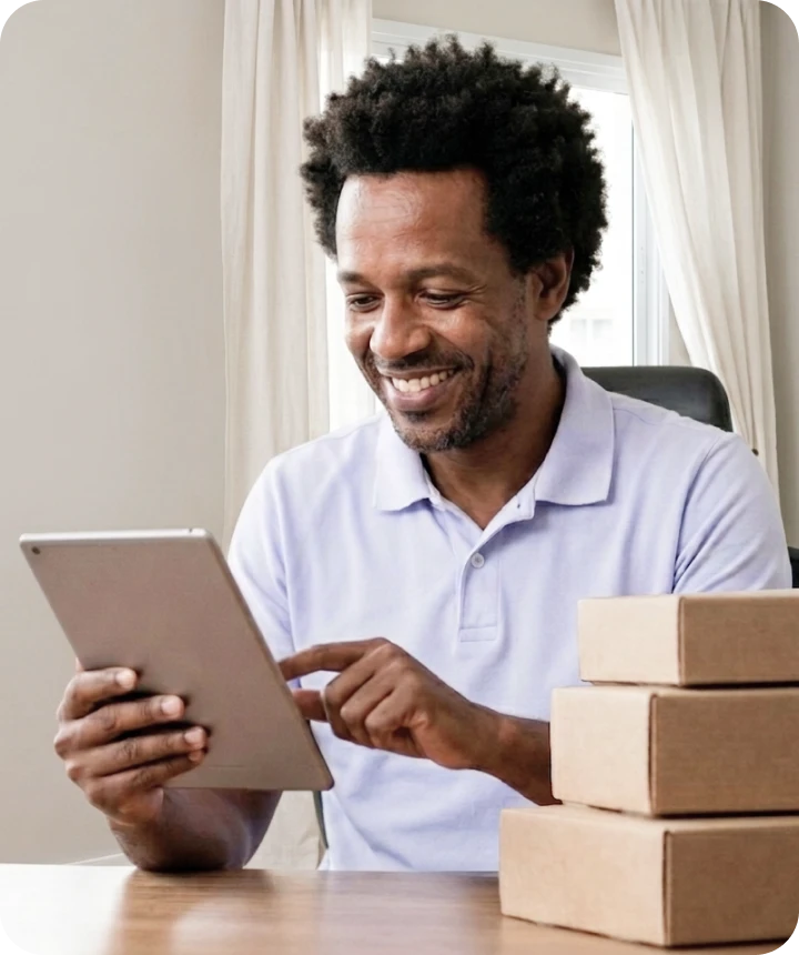 Business owner checking inventory on a tablet next to boxes ready for shipping