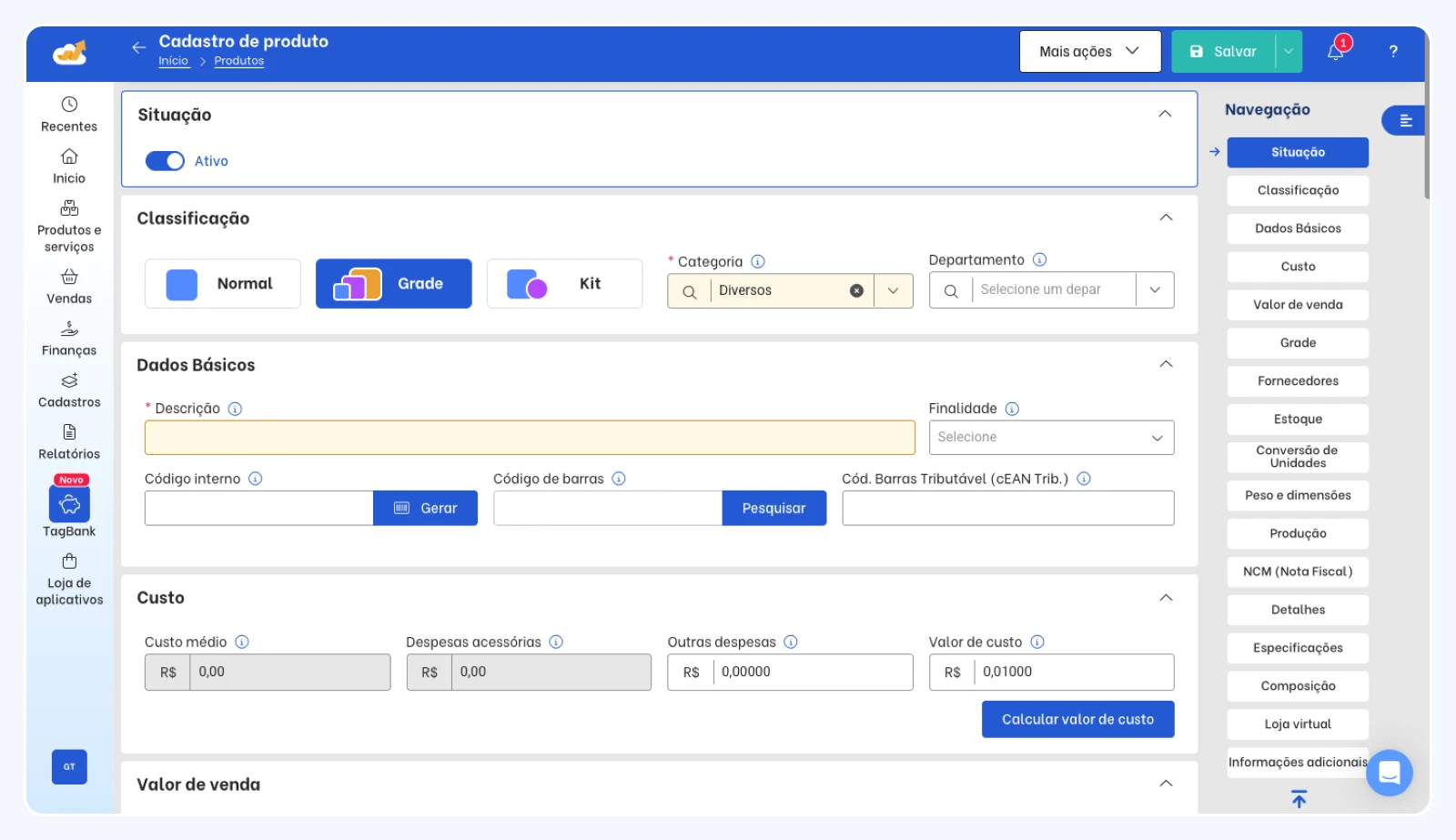 TagPlus product registration screen with the Grid classification selected