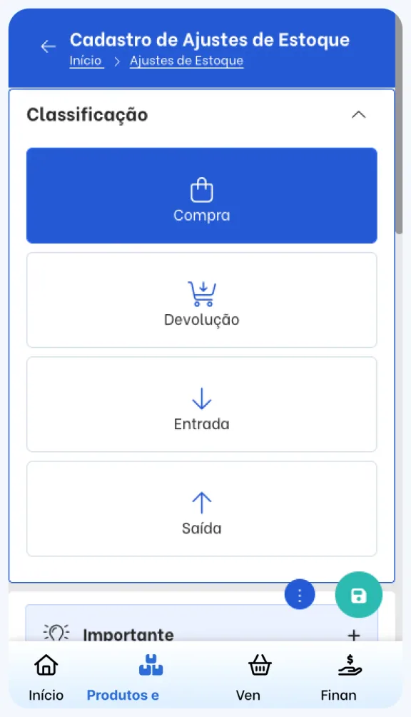 TagPlus stock adjustment screen with the types Purchase, Return, In, and Out