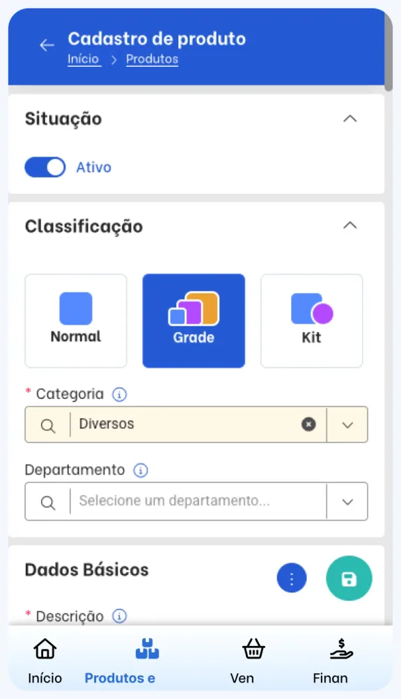TagPlus product registration screen with the Grid classification selected