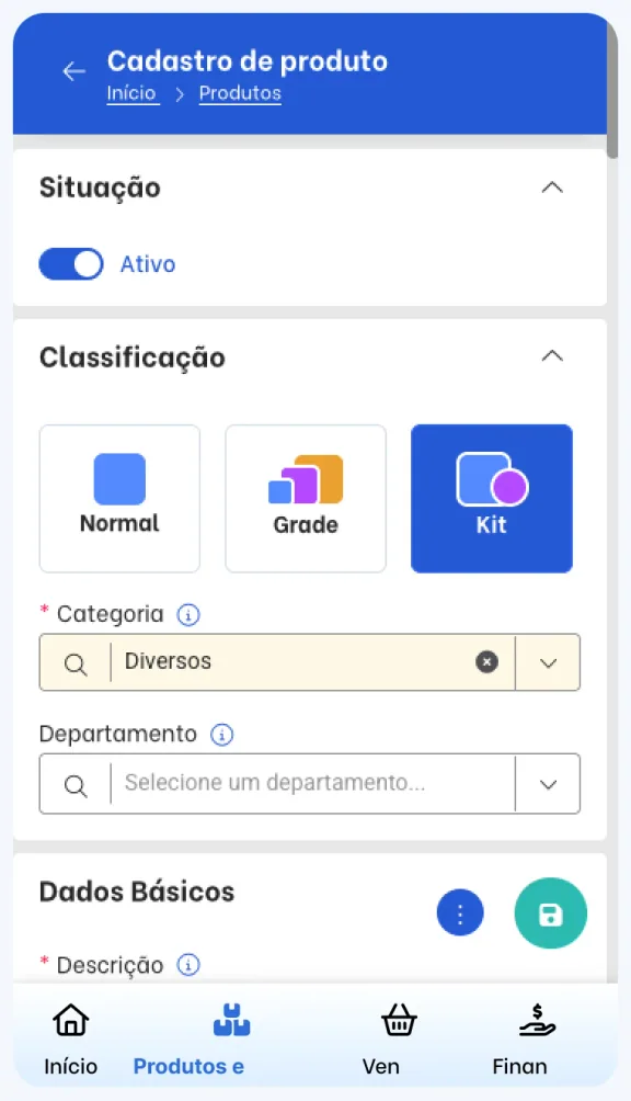 TagPlus product registration screen with the Kit classification selected
