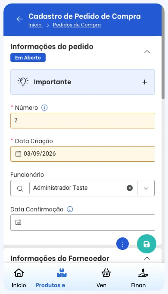 TagPlus purchase order registration screen with supplier and item information