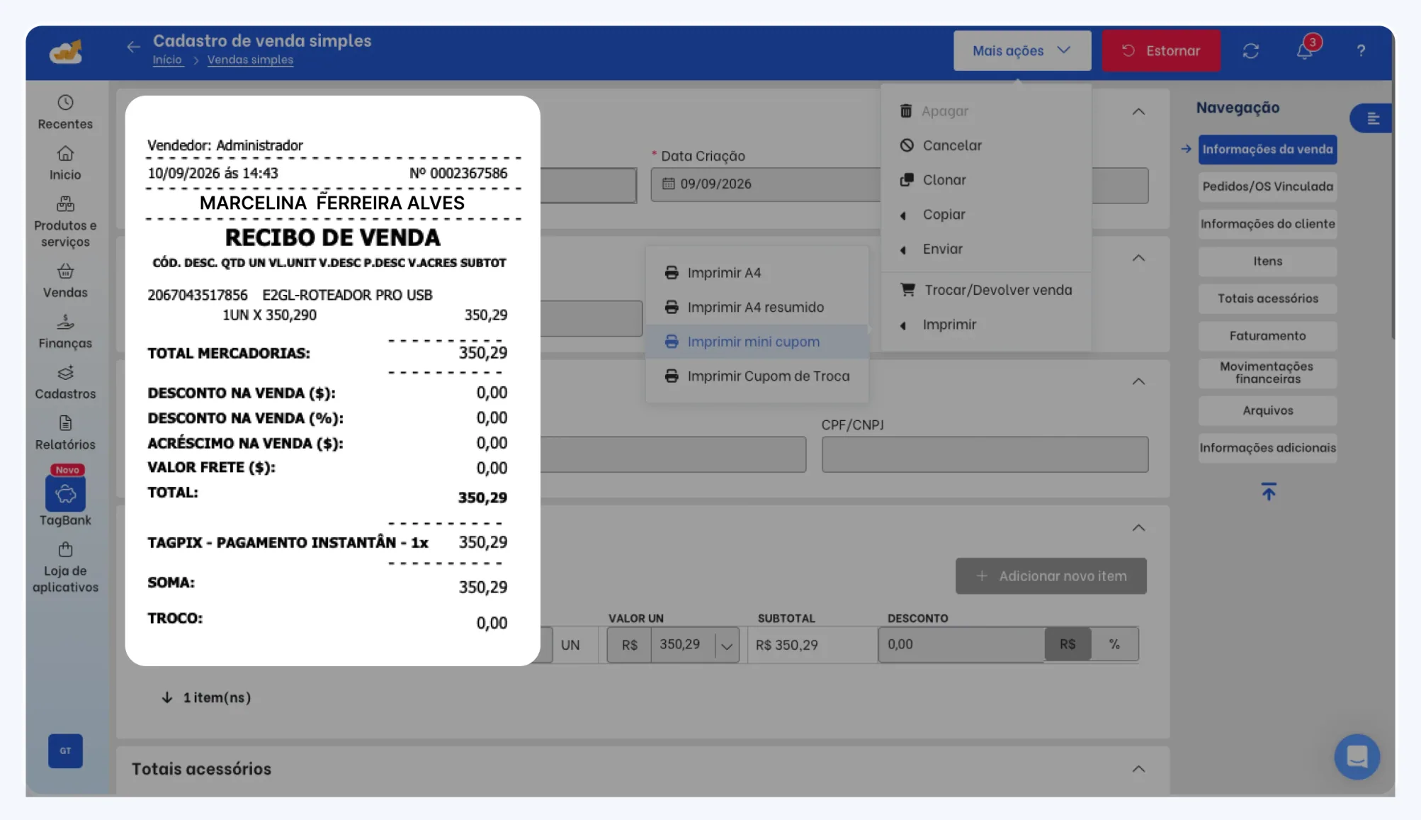 Tela de recibo e impressão da venda do TagPlus