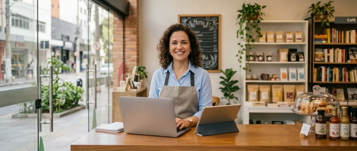 Smiling shopkeeper using a laptop and tablet at the store counter