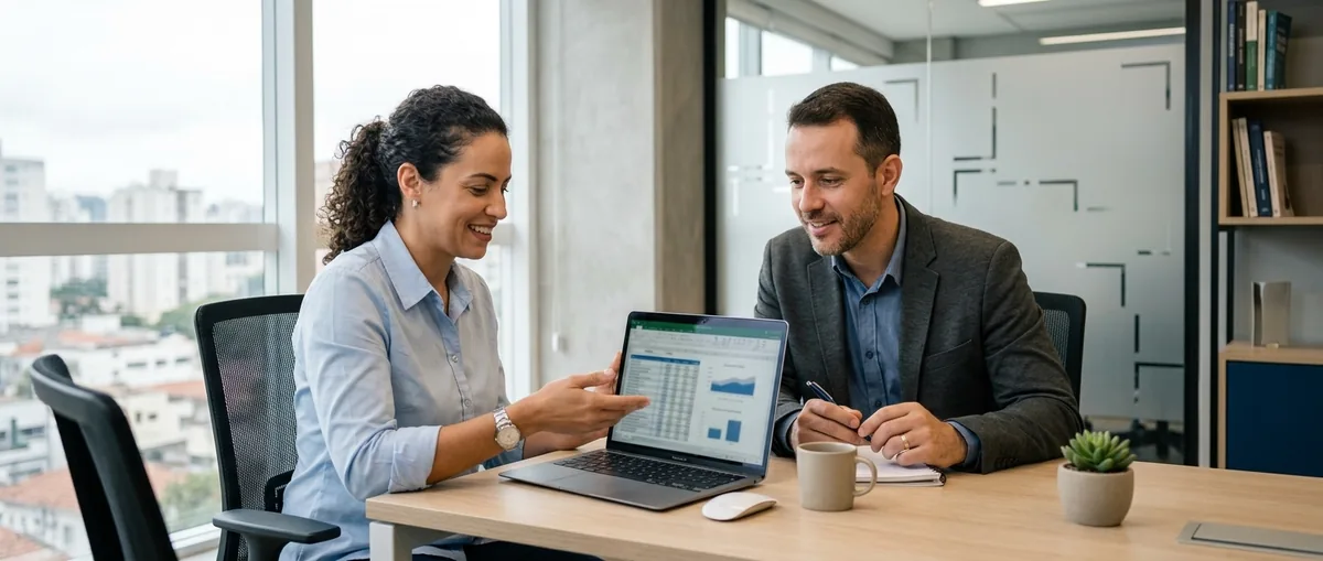 Two colleagues reviewing data in a work meeting