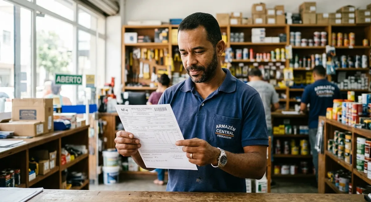 Shopkeeper reviewing a printed tax document (NF-e) at their store
