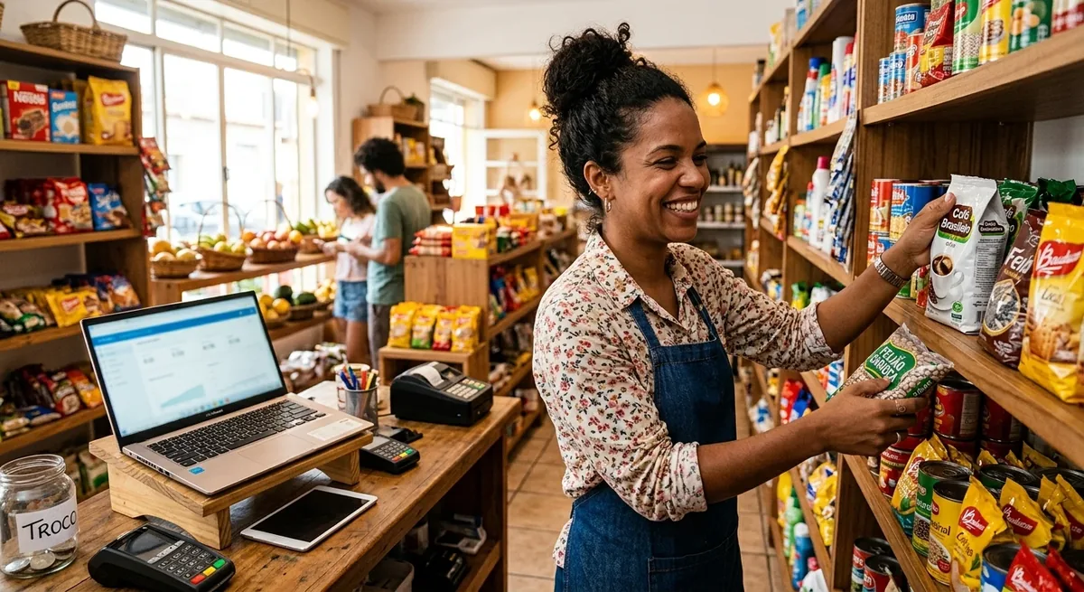 Shopkeeper organizing products in the store with a management laptop at the counter