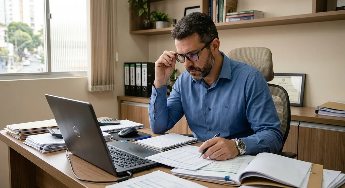 Accountant reviewing documents and a laptop in an office