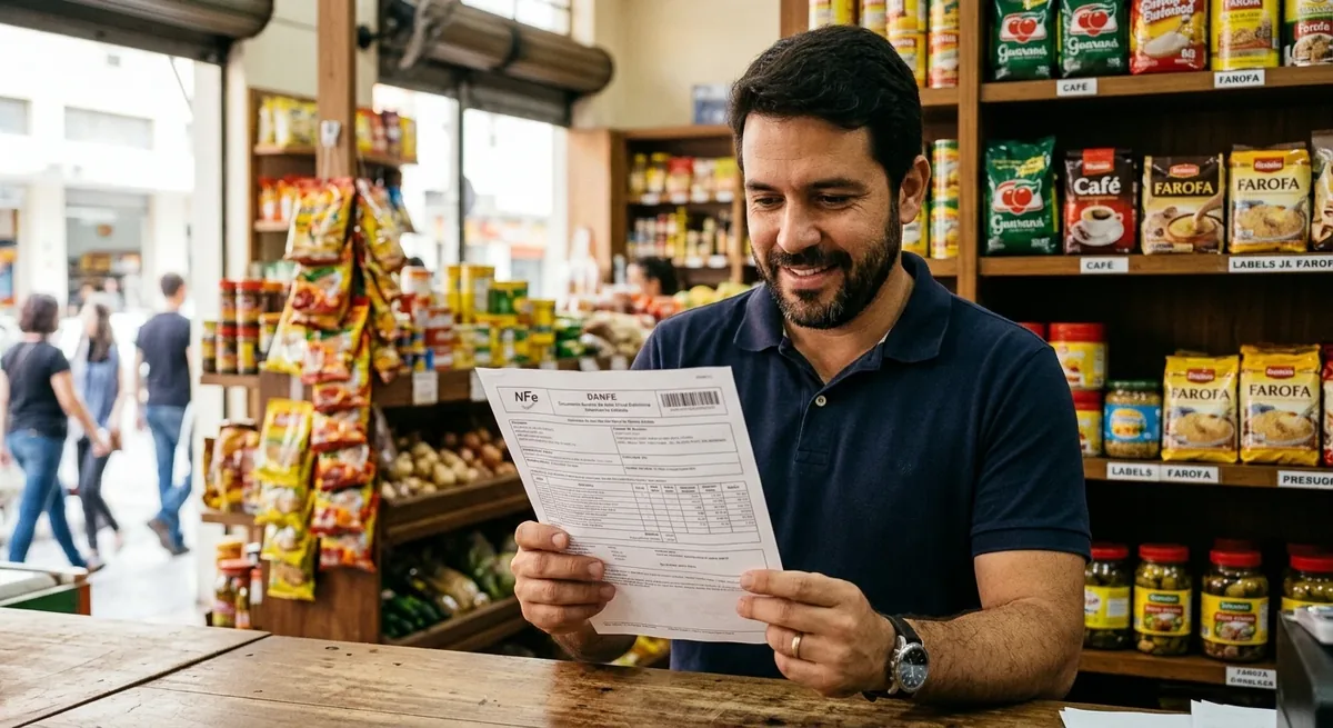 Shopkeeper reviewing a printed tax document (NF-e) at their store