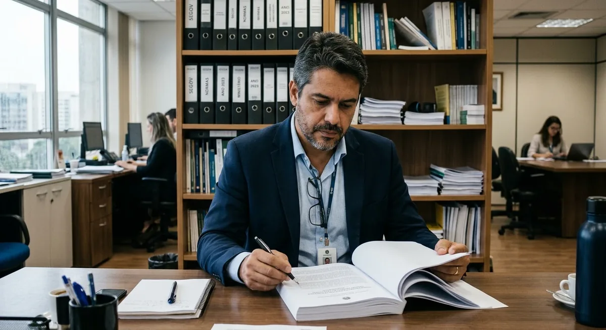 Professional reviewing regulatory documents in an institutional office