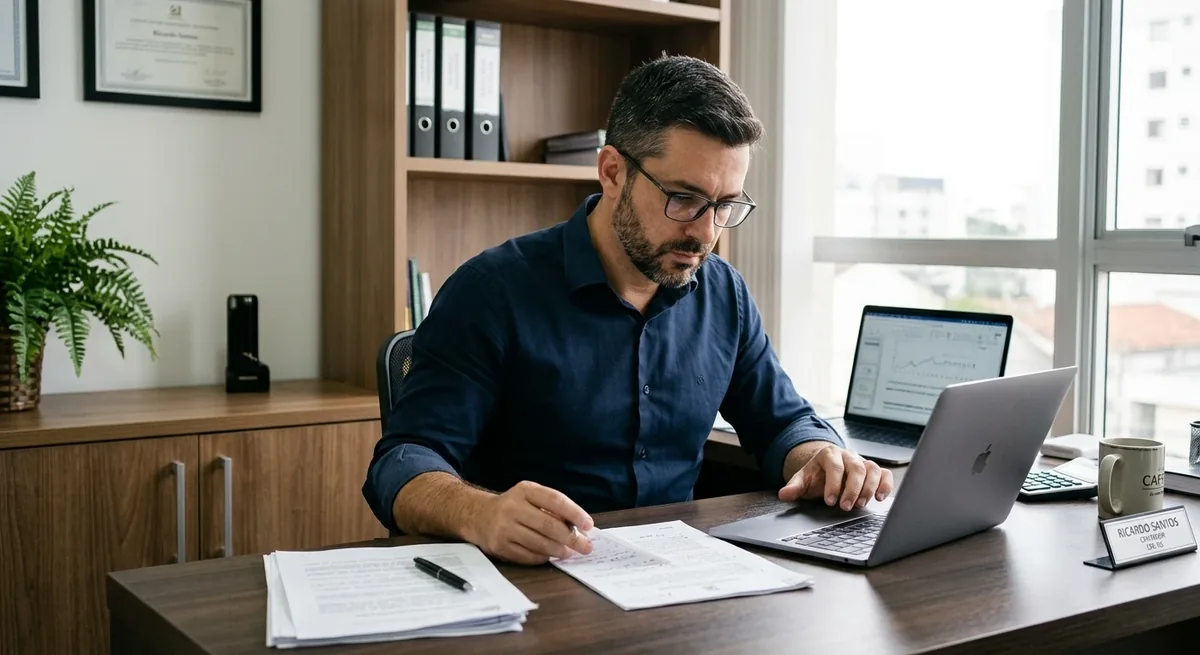 Accountant reviewing documents and a laptop in an office