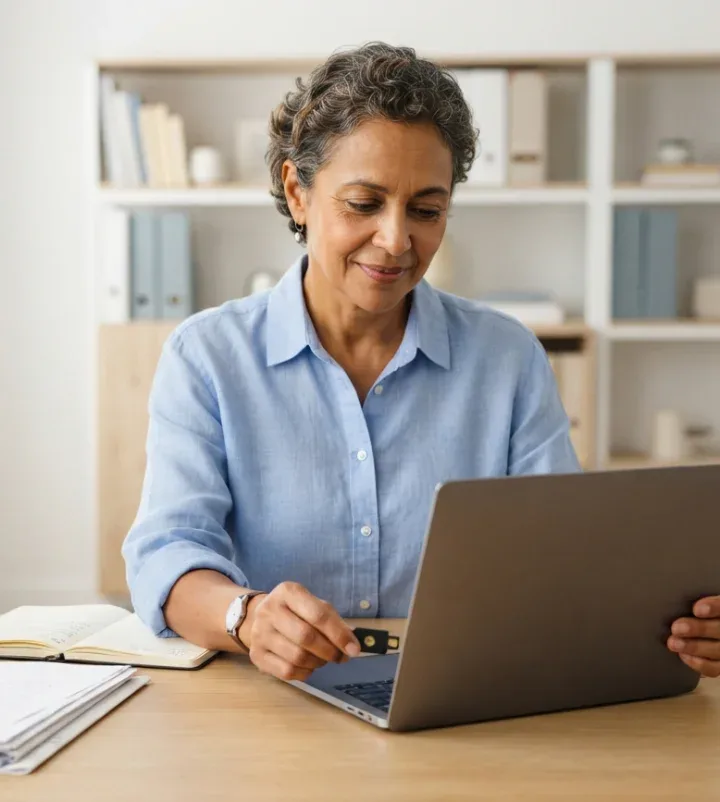 Business owner plugging a digital certificate token into a laptop