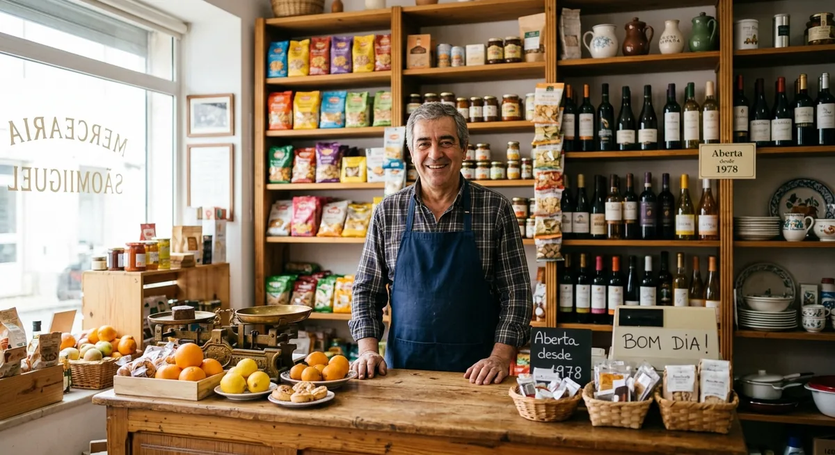 Smiling shopkeeper behind the counter of his grocery store