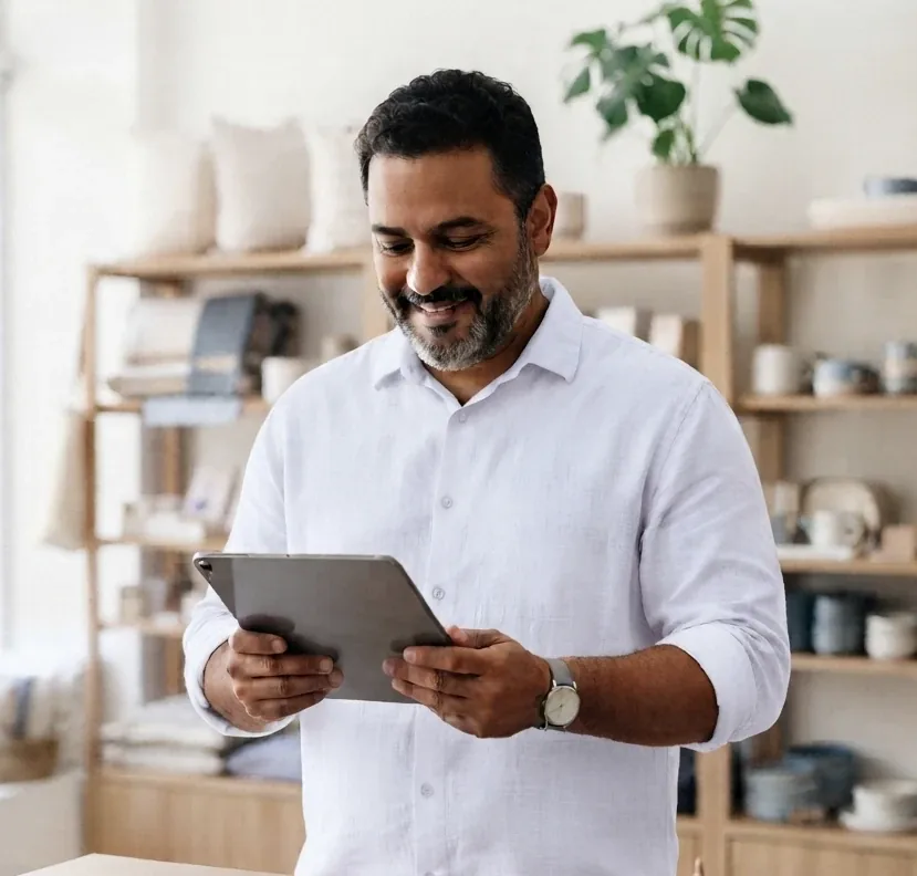 Smiling business owner checking a tablet in his store