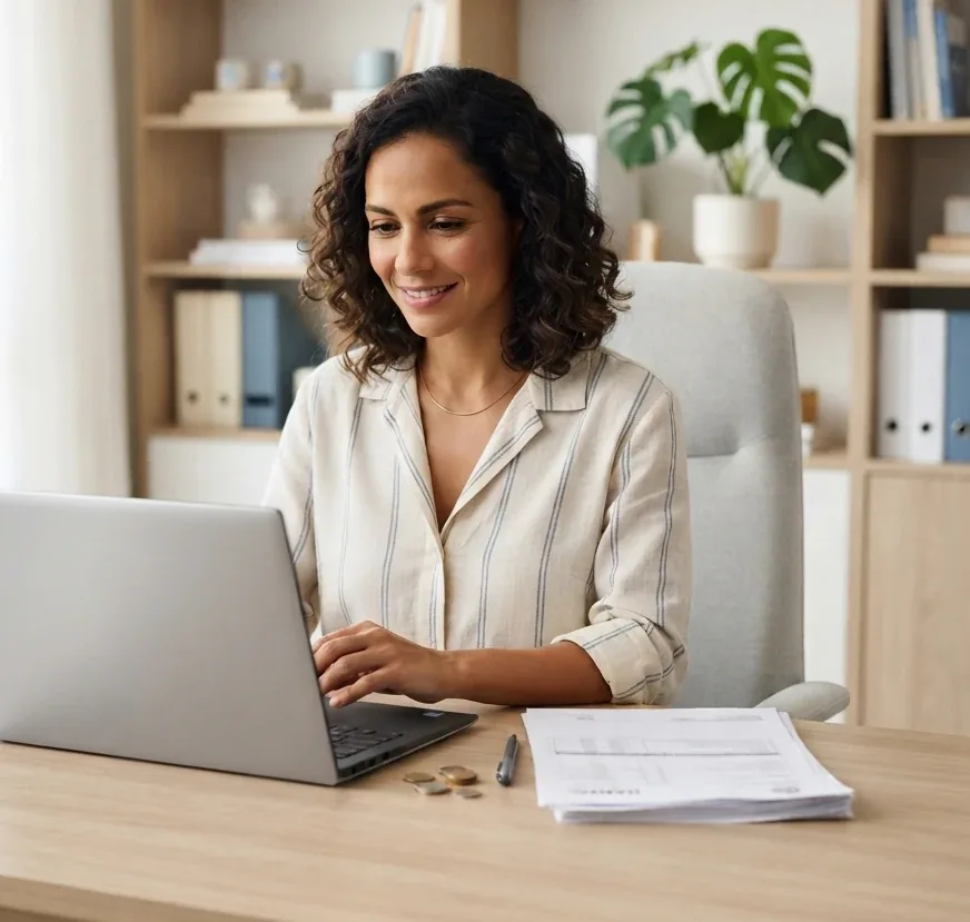 Smiling business owner using her laptop for the company's financial control