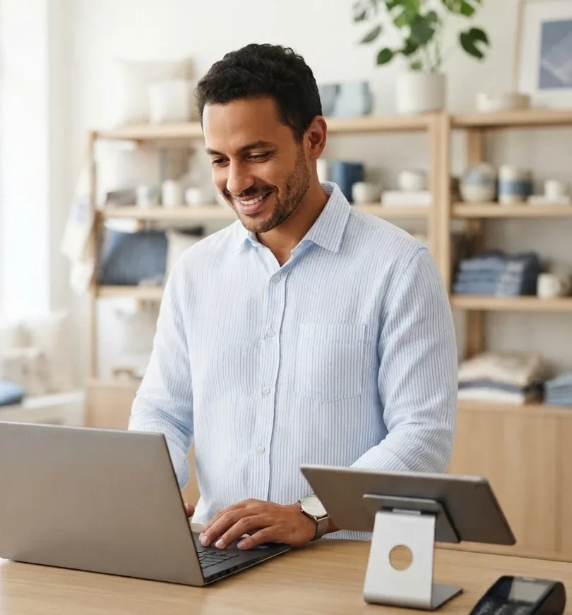 Smiling business owner logging a sale on his laptop at the store