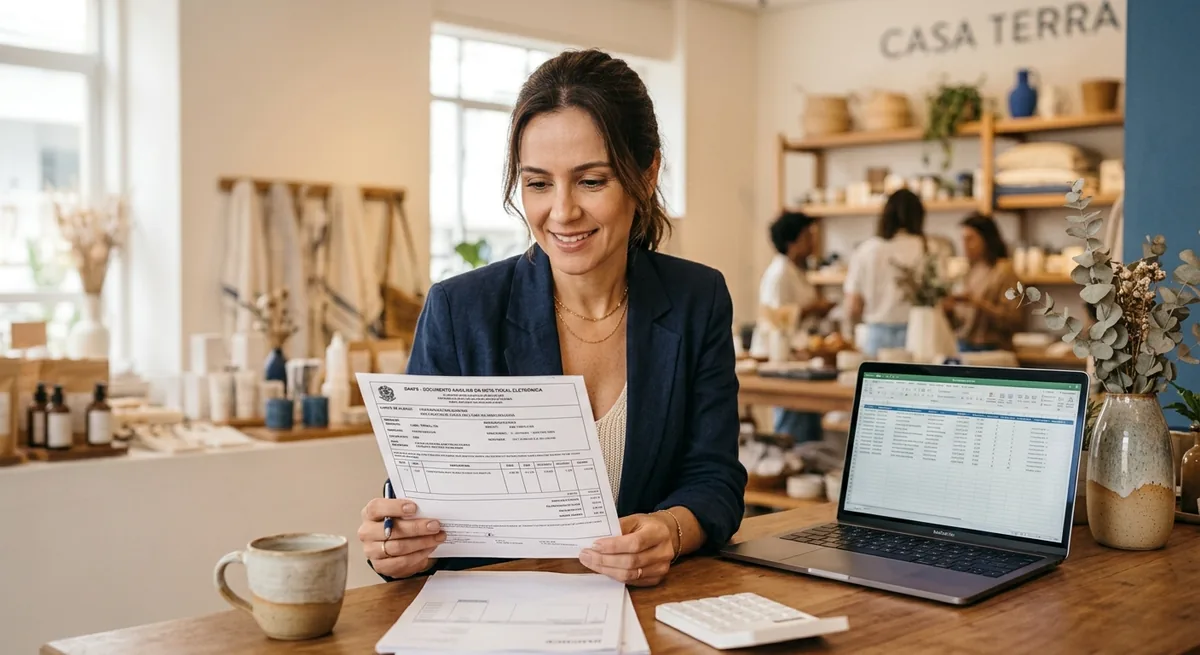 Shopkeeper reviewing a printed tax document (NF-e) at their store