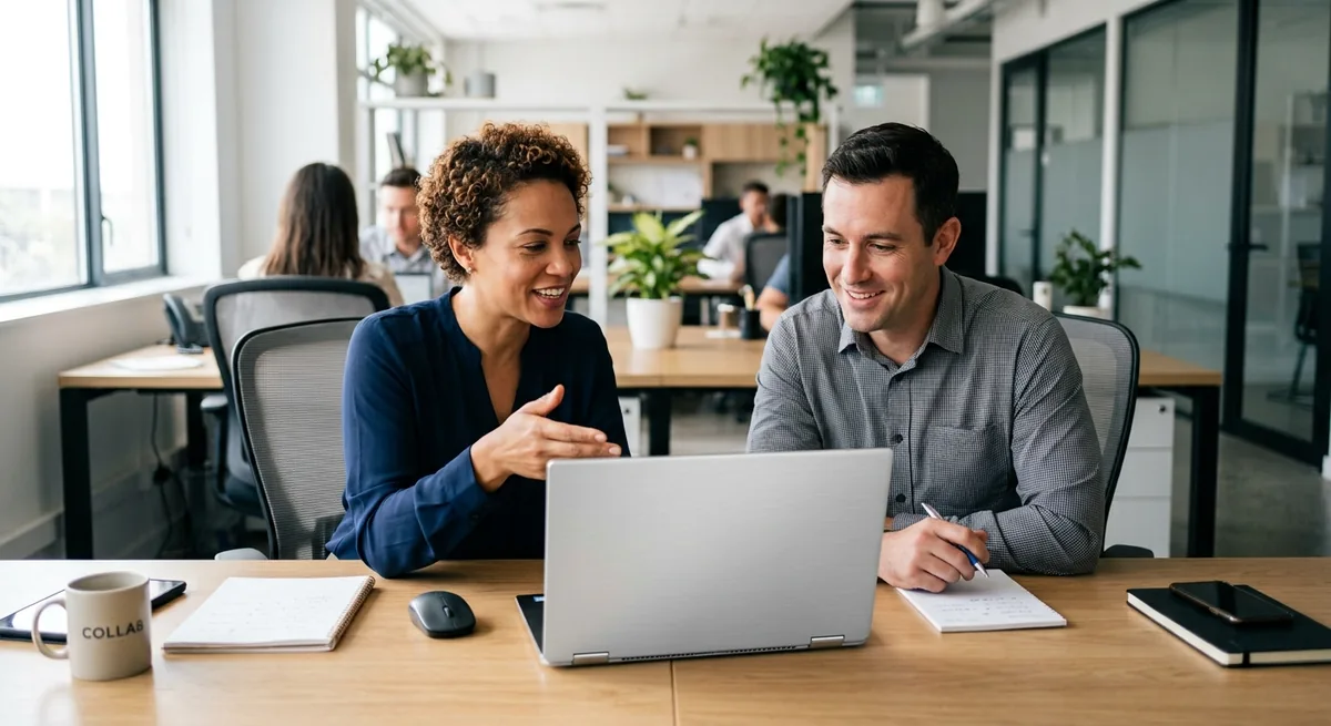 Two colleagues reviewing data on a laptop in an office