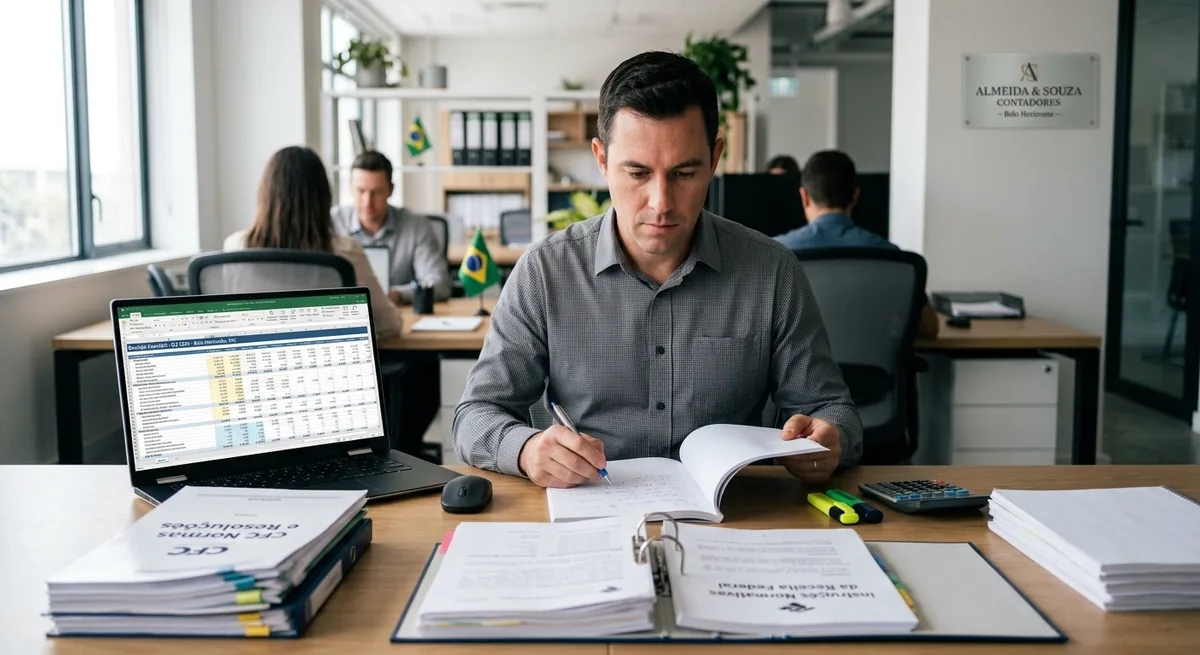 Accountant reviewing regulatory documents in an office