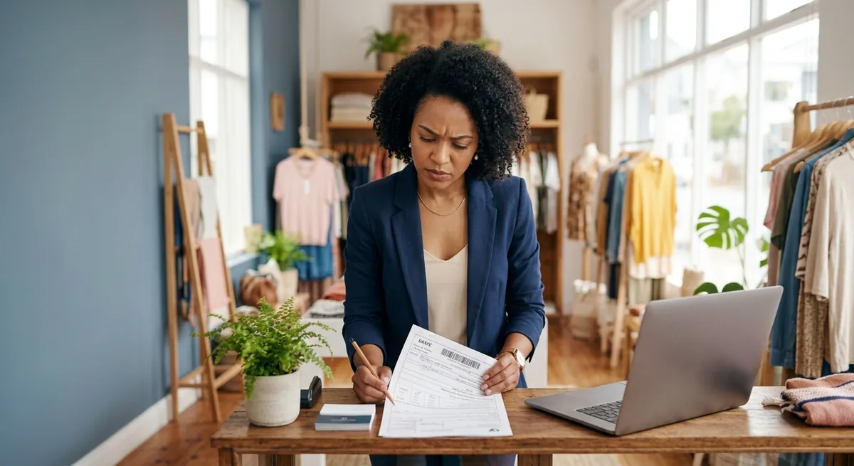 Shopkeeper reviewing a printed tax document (NF-e) at their store
