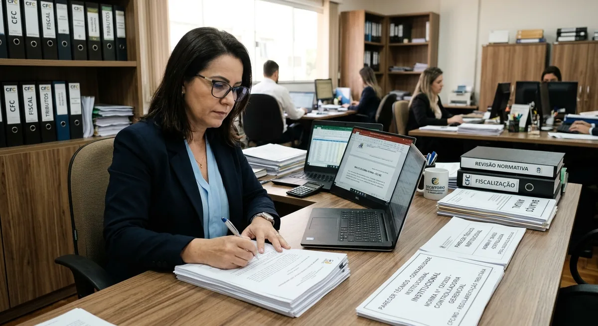 Professional reviewing regulatory documents in an office