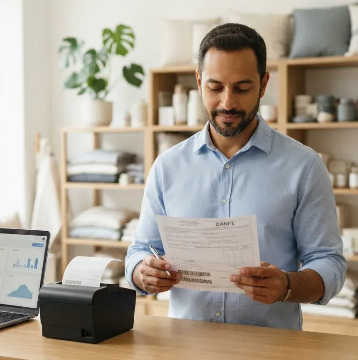 Business owner checking a printed DANFE at the store counter