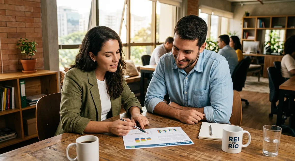 Two colleagues reviewing a document in a work meeting