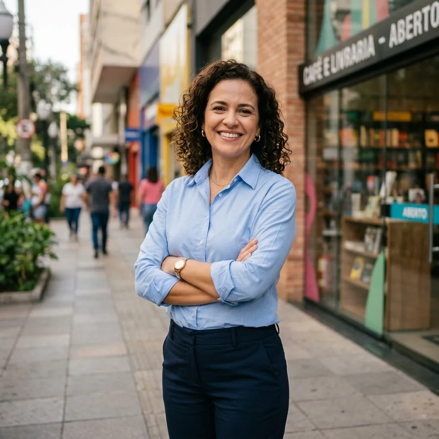 Smiling businesswoman in front of her shop