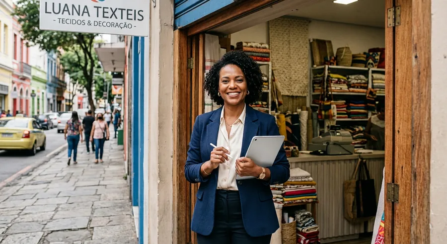 Smiling businesswoman in front of her fabric shop