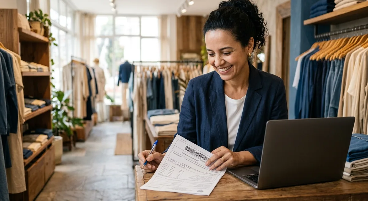Shopkeeper reviewing a printed tax document (NF-e) at their store