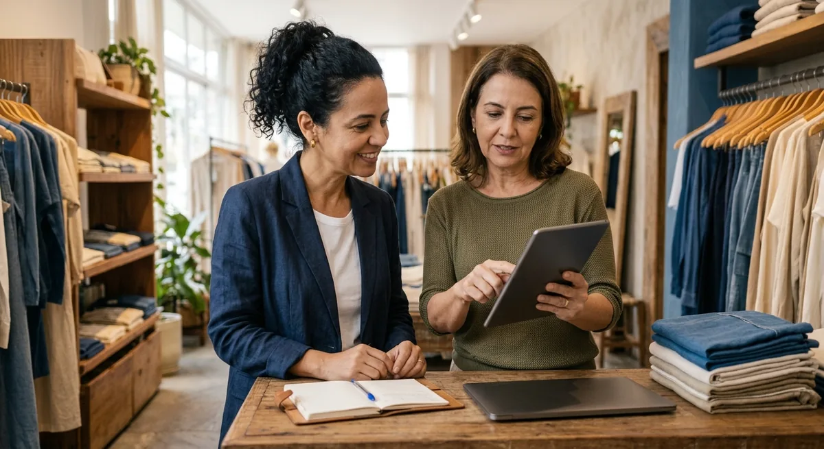 Two colleagues reviewing data on a tablet in a store