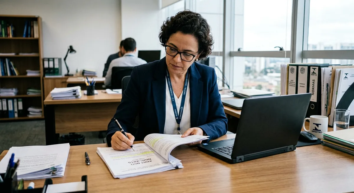 Professional reviewing regulatory documents in an office