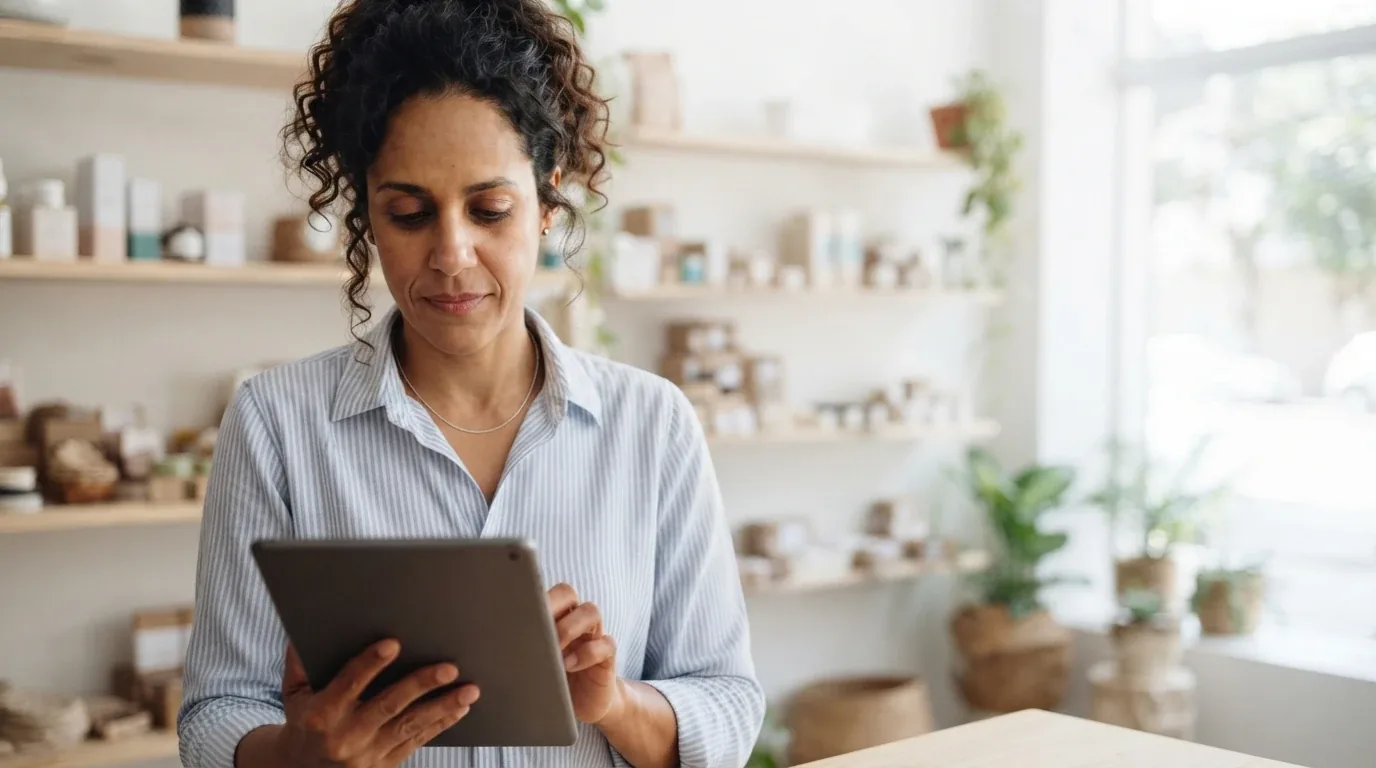Small business owner managing her business with management software