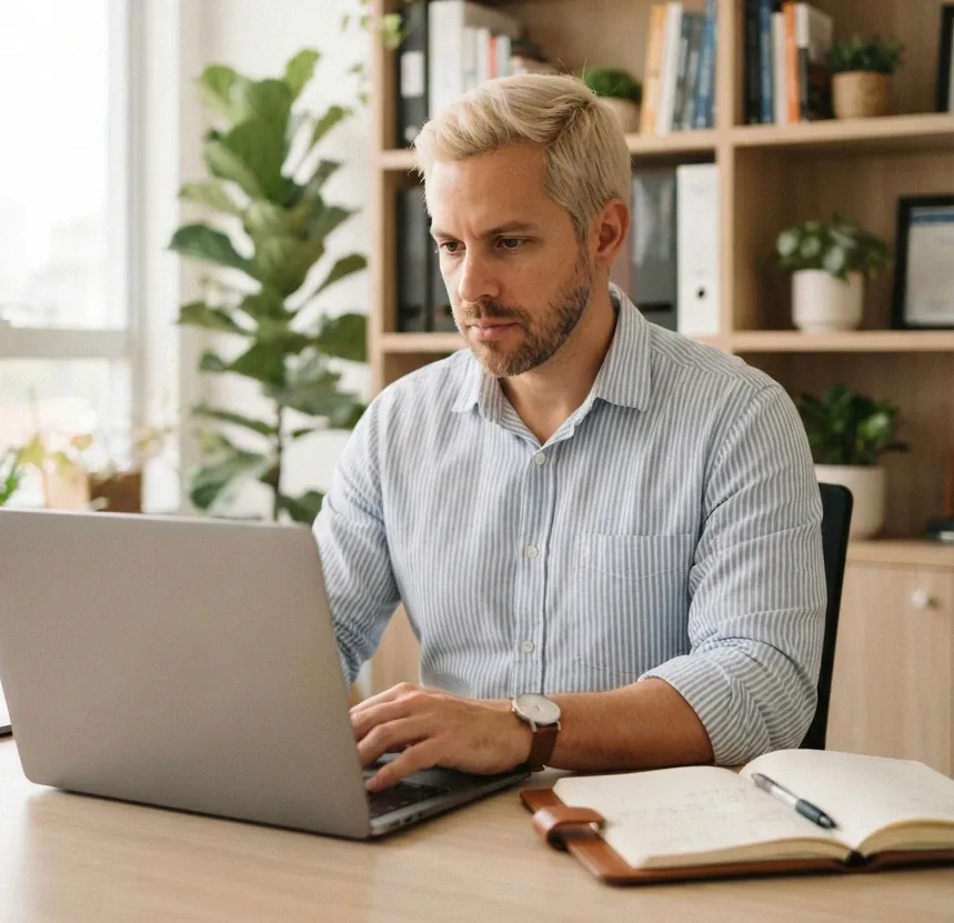 Business owner planning business management on his laptop