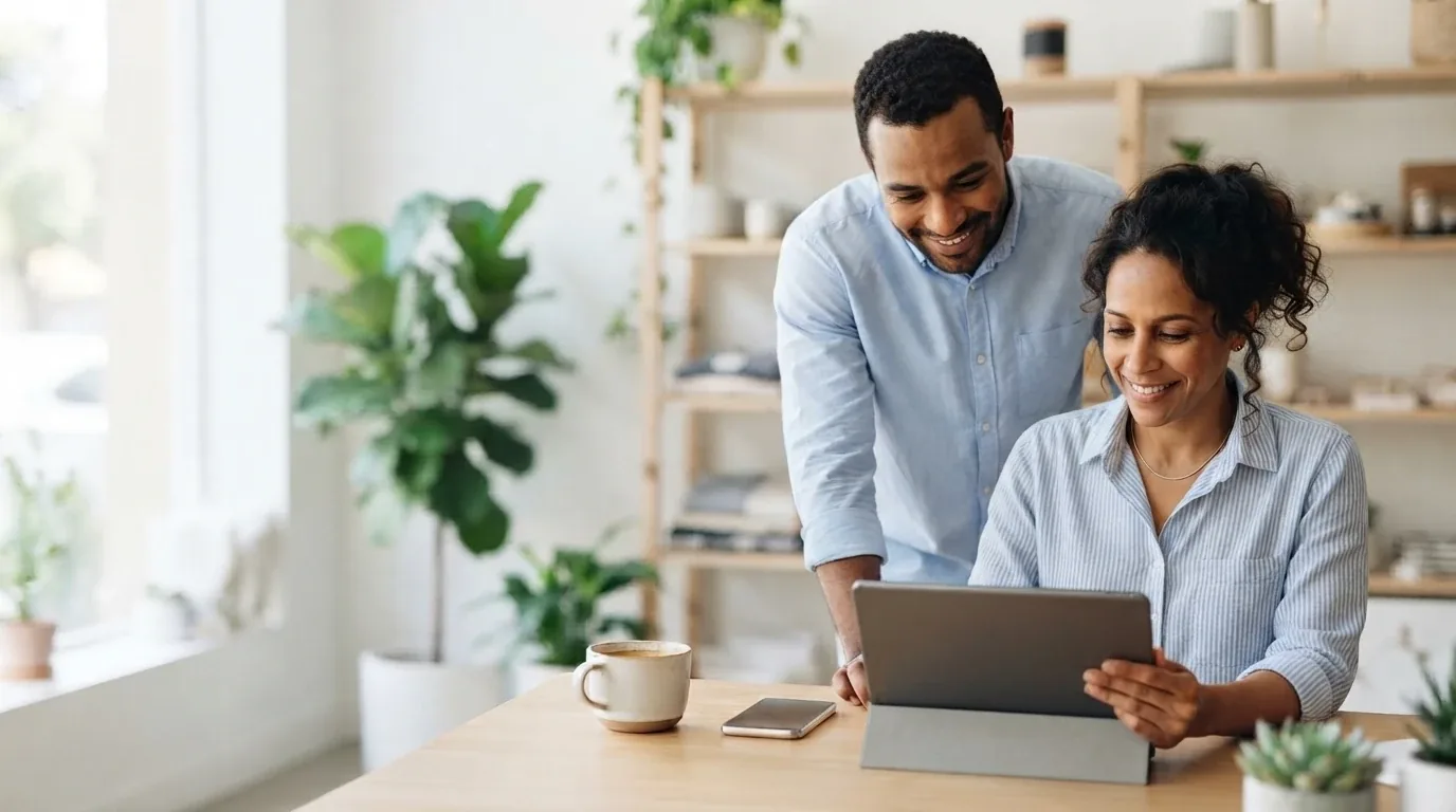 Business owners tracking business management on a tablet