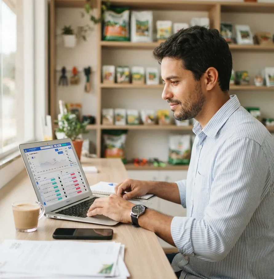 Business owner tracking business management on his laptop