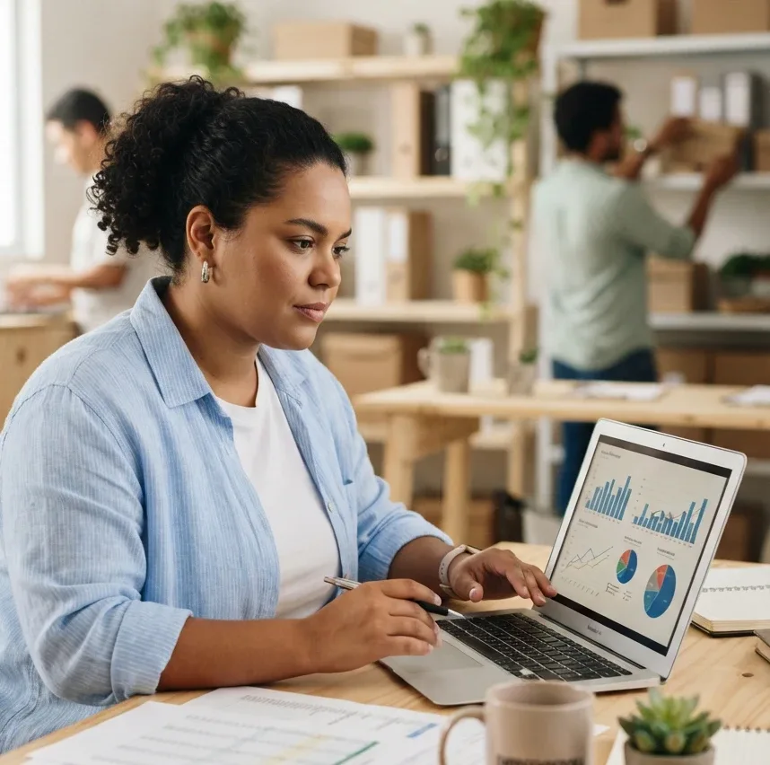 Business owner analyzing company reports on her laptop