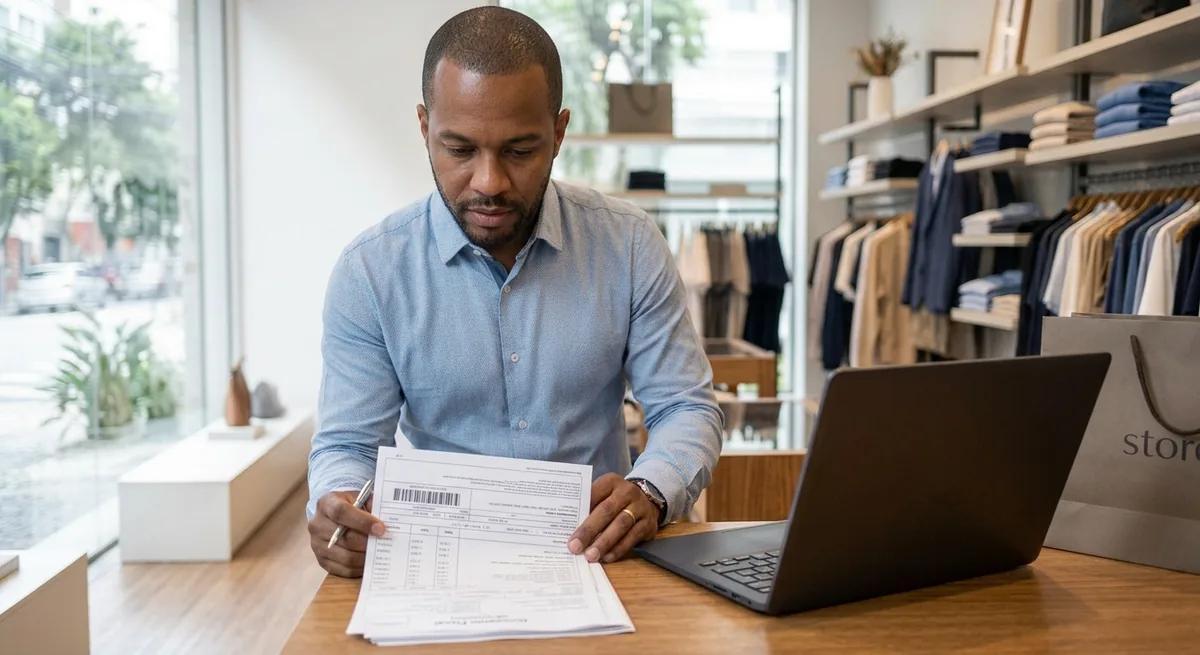 Shopkeeper reviewing a printed tax document (NF-e) at their store