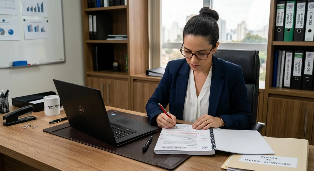 Professional reviewing regulatory documents in an office