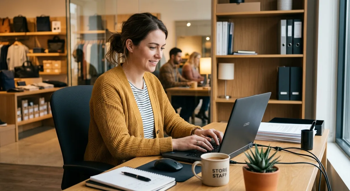 Person entering information on a laptop in a work environment