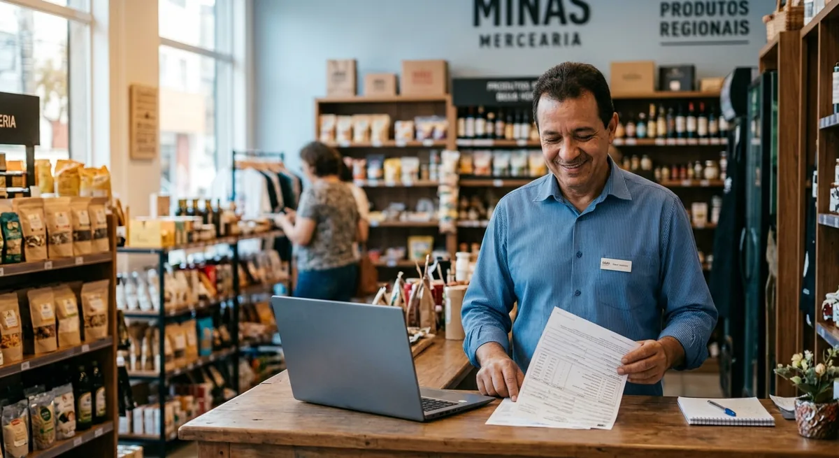 Comerciante analisando uma nota fiscal impressa em sua loja