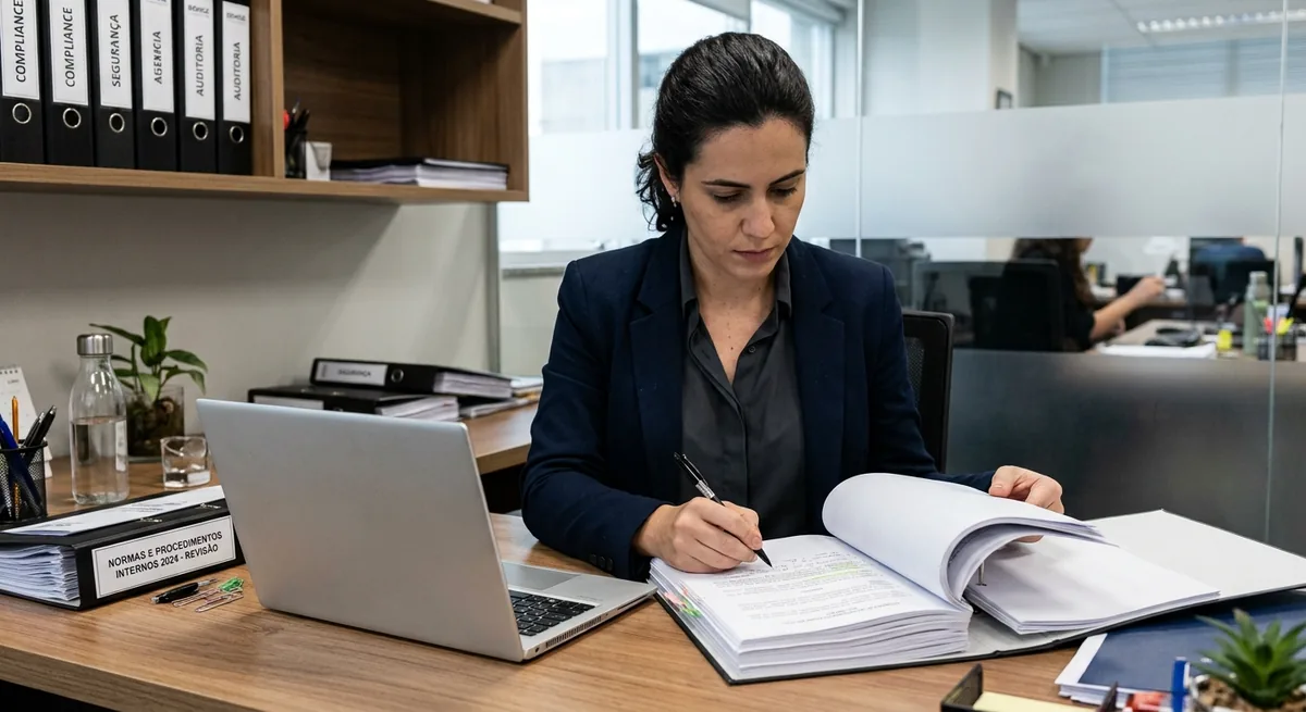Profissional analisando documentos em escritório