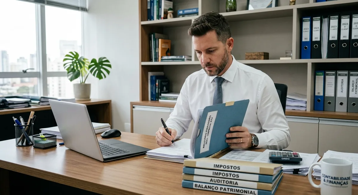 Profissional analisando pastas e documentos oficiais em escritório