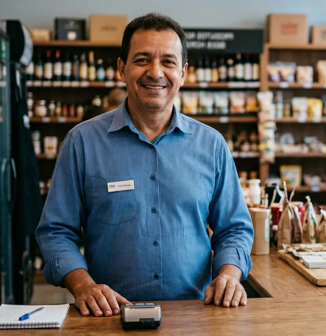 Empresário sorridente em sua loja