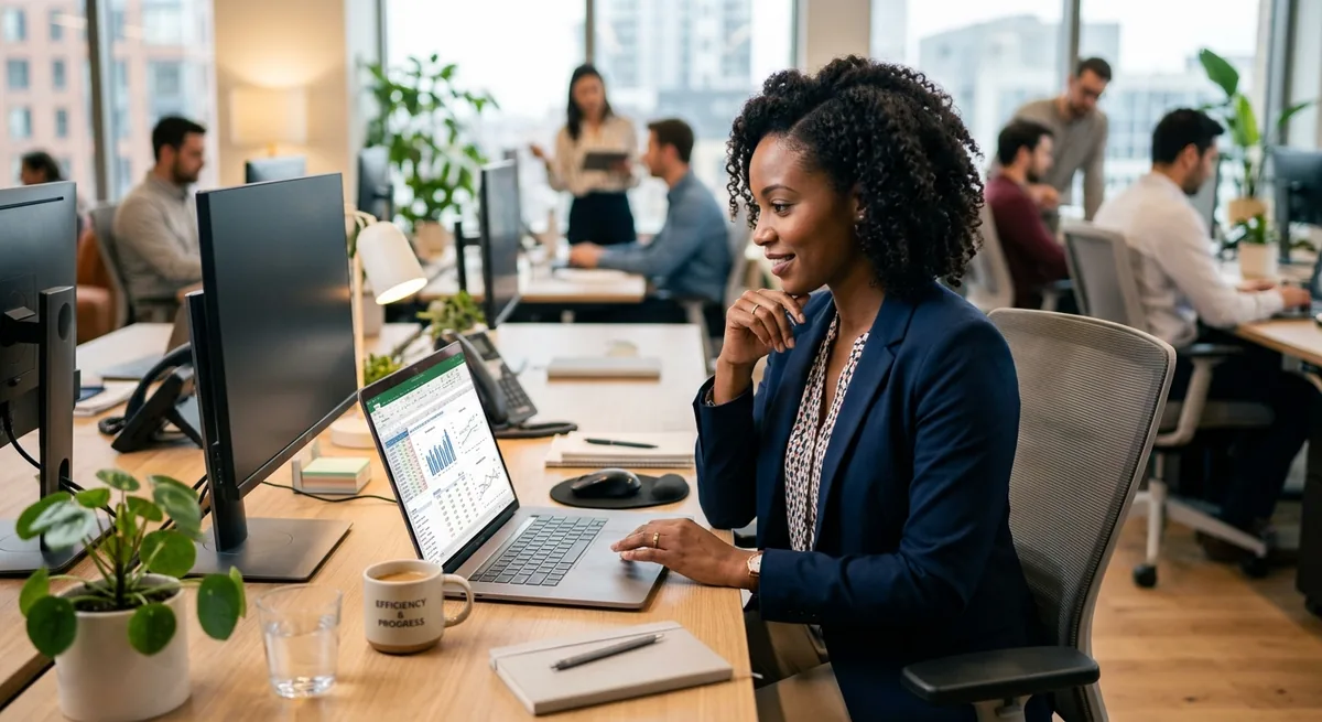 Professional reviewing data on a laptop in an office
