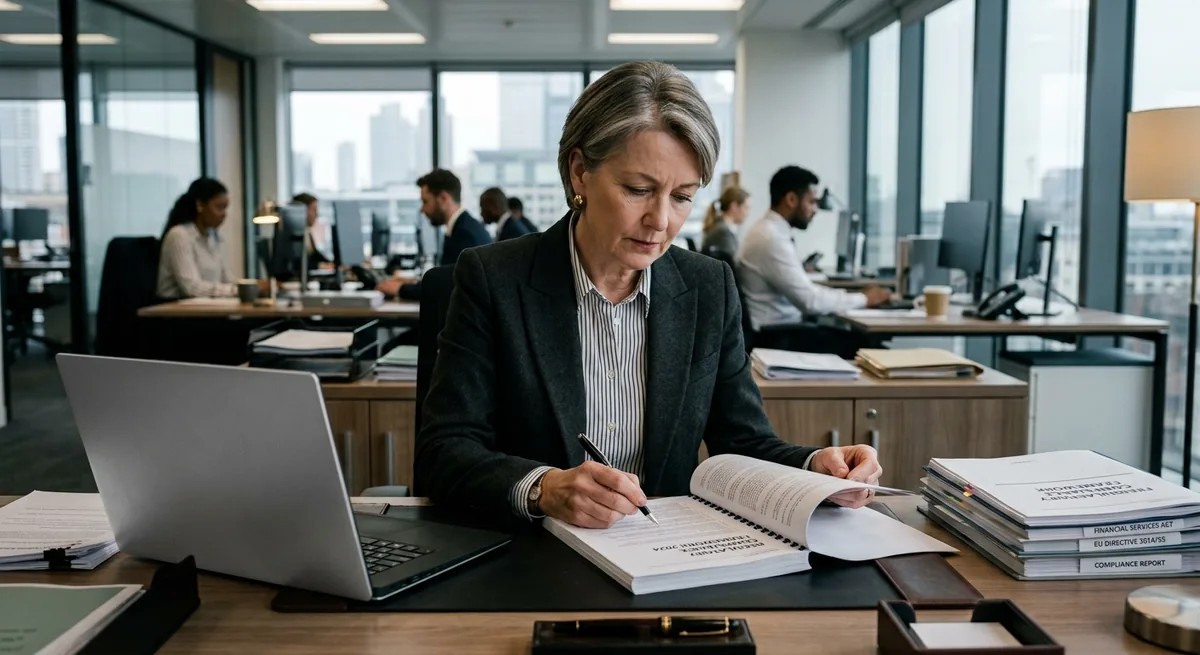 Professional reviewing regulatory documents in an office
