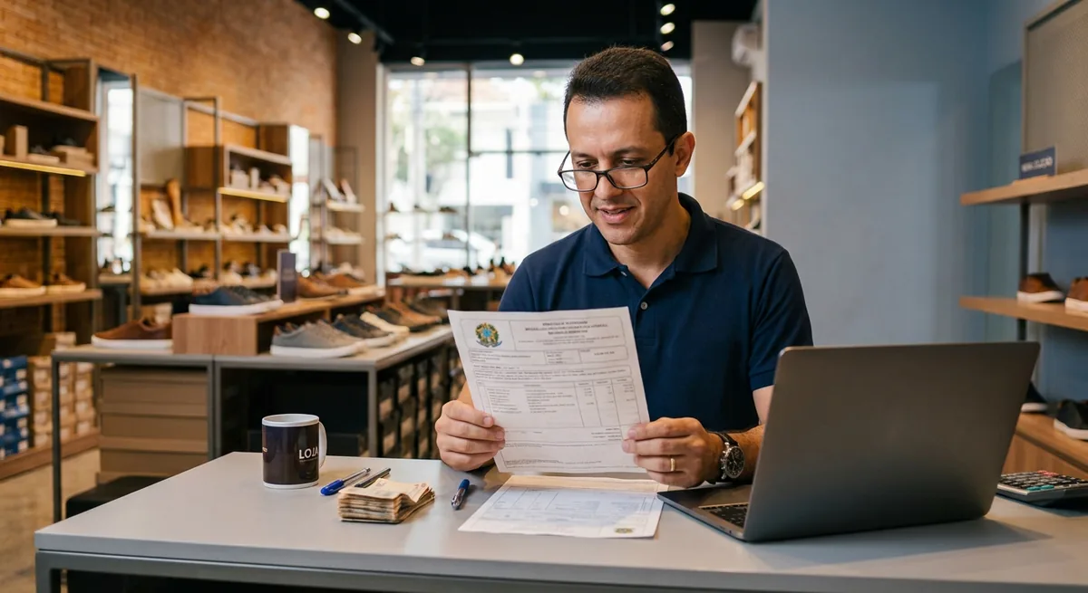 Shopkeeper reviewing a printed invoice at their store