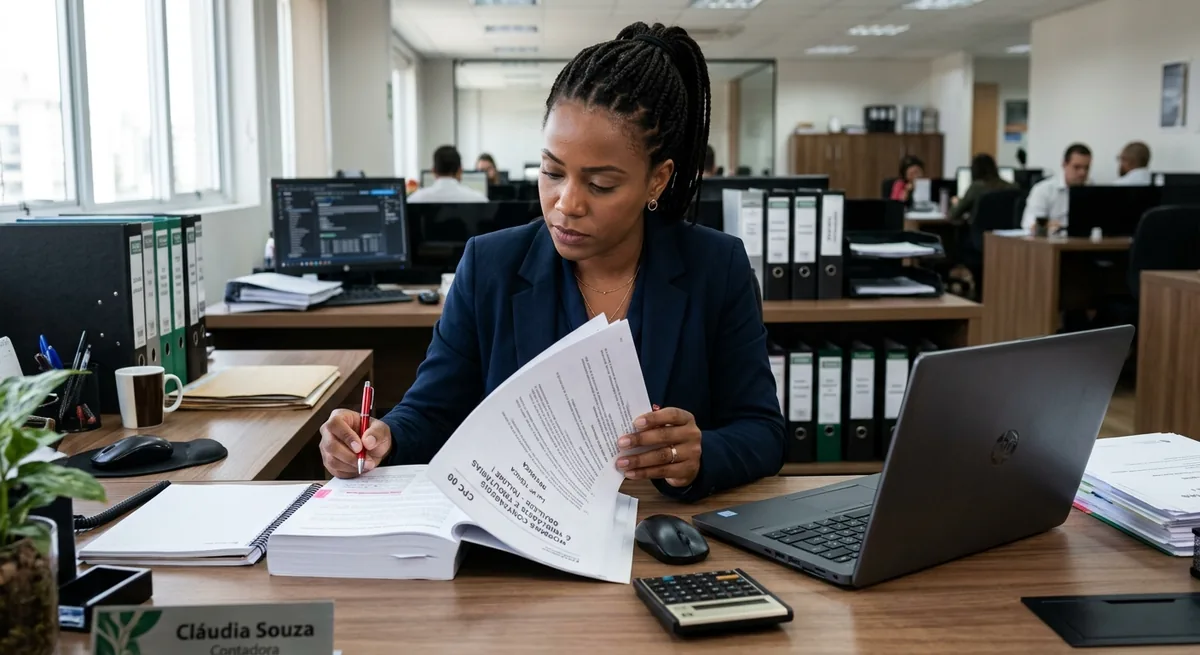 Professional reviewing regulatory documents in an office