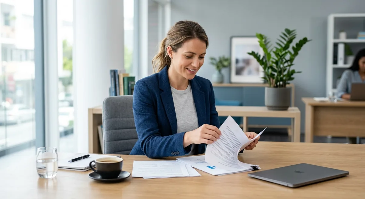 Smiling woman reviewing documents at an office desk