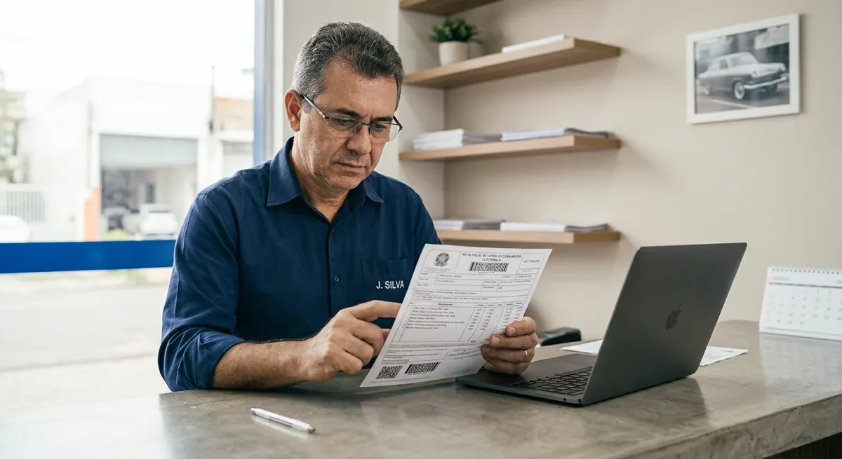 Shopkeeper reviewing a printed invoice at their store